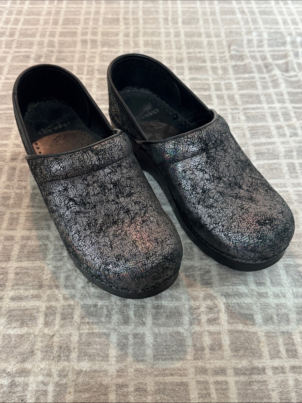Dansko Women’s Slip-On Work Clog in Holographic Black Metallic Crackle